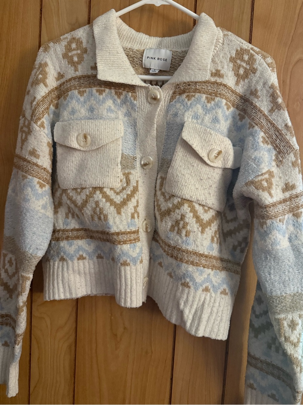 Pink Rose Cream, Light Blue & Tan Patterned Button-Up Cardigan
